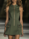 OYROSY – Casual Fashion Half Zip Cargo Pocket Sleeveless Mini Dress